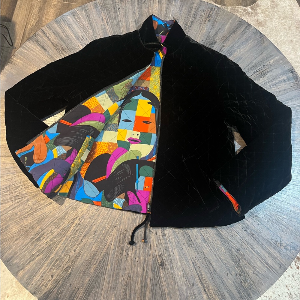 Vintage Pearl River‎ Reversible Silk Jacket – Sm – Abstract Faces & Black Velvet - Picture 8 of 15